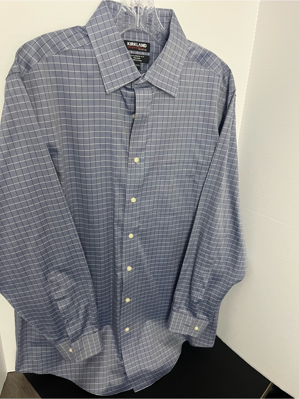 Kirkland Signature Men's Light Blue Windowpane Dress Shirt